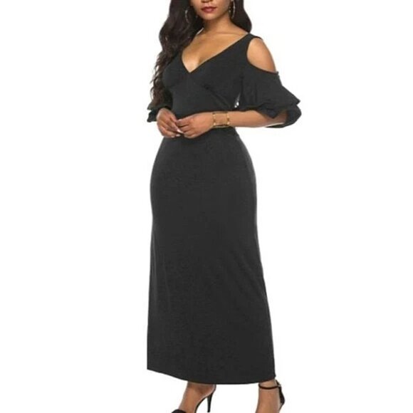 Women's Sultry V-Neck Flounce Sleeves Cold Shoulder Elegant Sexy Maxi Dress - Picture 1 of 6